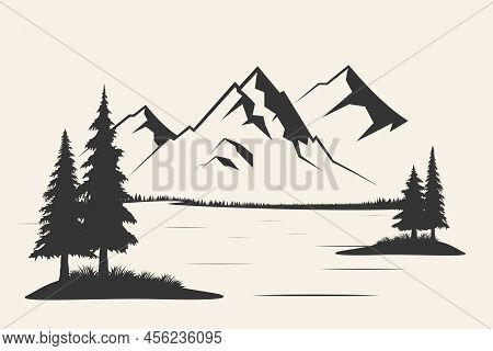 Mountain With Pine Trees And Landscape Black On White Background. Vector Illustration Mountain With 