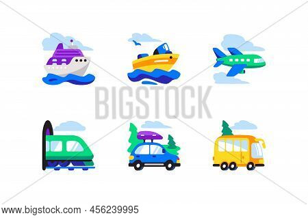 Mode Of Travelling Transport Flat Icon Set Vector Illustration. Public Transport, Travelling By Crui