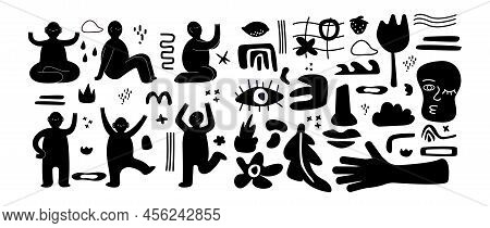 Black Doodle People And Flowers. Modern Characters And Shapes Silhouettes Set, Abstract Shapes, Geom