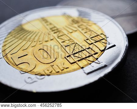 Azerbaijani Coin Of 50 Qepiks Close-up. Money Of Azerbaijan. News About Economy Or Banking. Loan And