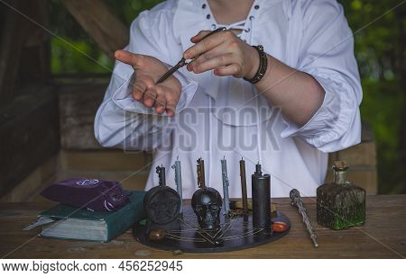 Man Doing Rite. Concept Of Esoteric, Incantation, Future Predict And Paganism, Power Of Paganism