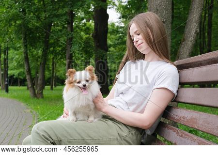 Young Woman With Long Straight Hair Sits On A Bench In Park And Holds A Fluffy Little Dog In Her Arm