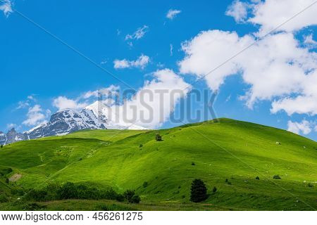 Idyllic Landscape With Blue Sky, Fresh Green Meadows And Snowcapped Mountain Top. Svanetia Region, G