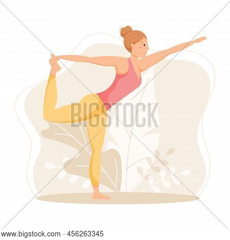 Vector Illustration, Young Woman Doing Yoga Or Gymnastics, Dandayamana Dhanurasana Pose, Isolated On