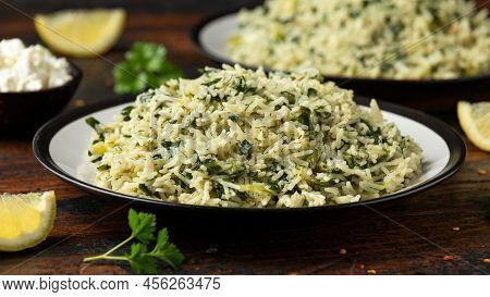 Spanakorizo, Greek Spinach Rice. Healthy Vegetarian Food.