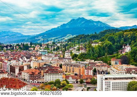 Lucerne City Aerial Panoramic View. Lucerne Or Luzern Is A City In Central Switzerland.
