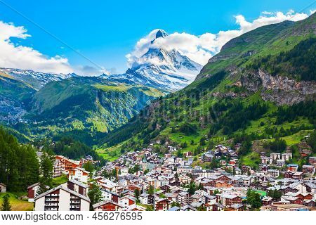 Zermatt Town And Matterhorn Mountain Aerial Panoramic View In The Valais Canton Of Switzerland