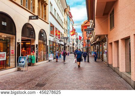 Luzern, Switzerland - July 12, 2019: Street With Colorful Local Style Houses In Lucerne. Lucerne Or 