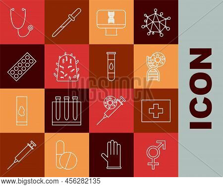 Set Line Gender, First Aid Kit, Dna Symbol And Virus, Spiral Computer, Rabies, Pills In Blister Pack