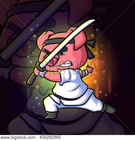 The Strong Pig Is Ambush With The Katana Esport Mascot Logo Design Of Illustration