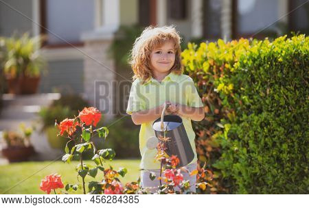 Active Kid Watering Plants On Backyard. Child Helping Arents To Grow Herbs And Flowers In Garden.
