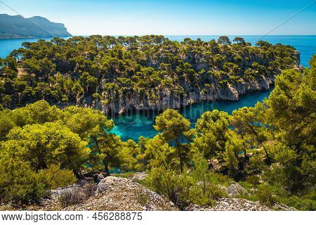 Beautiful View From The Hiking Trail With Calanque De Port Pin Bay, Calanques National Park, Cassis,