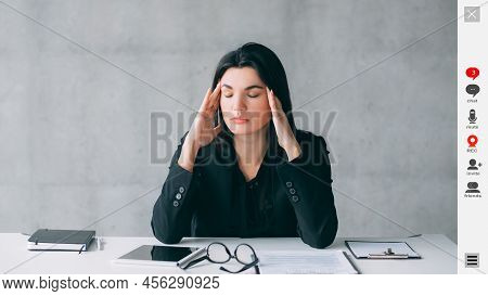Online Meeting. Exhausted Woman. Screen Mockup. Tired Elegant Lady Touching Temples Suffering Headac