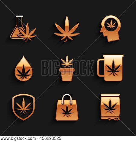 Set Marijuana Plant In Pot, Shopping Bag Of Marijuana, Or Cannabis Seeds, Cup Tea With, Shield And, 