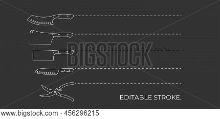 Chef Knifes With Cutting Dotted Line Set. Editable Stroke. Vector Stock Illustration Isolated On Bla