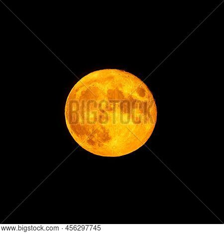 Bright Orange And Red Fool Moon Over The Sea. Red Full Moon In Red Color Also Called Bloodmoon