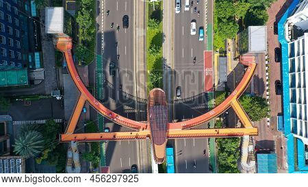 Aerial Pedestrian Bridge Near The Bus Stop Karet Sudirman Known. New Icon Jembatan Phinisi In Jakart