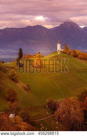 Autumn Red Sunset Panorama With Saints Primus And Felician Church On Top Of Hill In Jamnik, Slovenia
