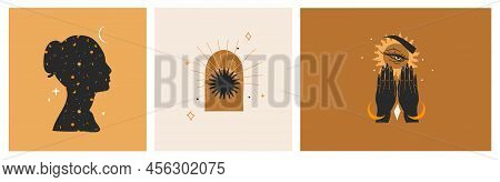 Hand Drawn Vector Abstract Stock Flat Graphic Illustrations Set With Logo Element, Bohemian Astrolog