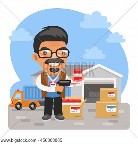 Cartoon Commodity Expert Takes Goods In Front Of The Warehouse. Composition With A Professional Man.