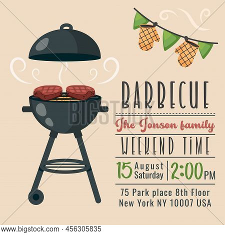 Barbecue Party Invitation. Bbq Invite Template. Summer Barbecue Picnic. Bbq Background With Brazier,