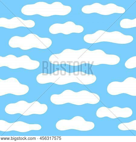 Cloudy Sky Seamless Pattern. Hand Drawn Vector Clouds Illustration On Blue Background.