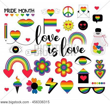 Lgbt Pride Month Collection. Lgbtq Community Symbols With Pride Flags, Retro Rainbow Elements, Heart