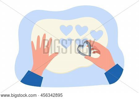 Man Cutting Cookies Out Of Dough Flat Vector Illustration. Person Preparing Biscuits Using Heart Sha