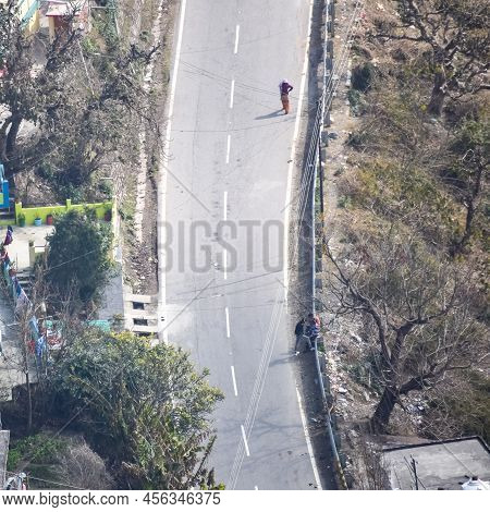 Aerial Top View Of Traffic Vehicles Driving At Mountains Roads At Nainital, Uttarakhand, India, View