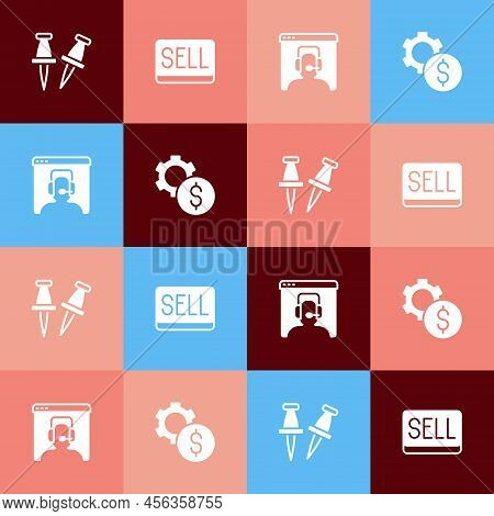 Set Pop Art Push Pin, Sell Button, Telephone 24 Hours Support And Gear With Dollar Symbol Icon. Vect