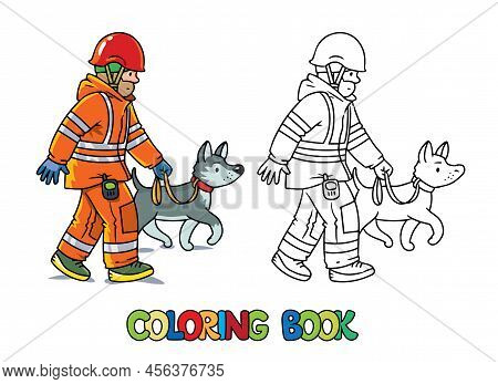 Rescuer With Cadaver Dog. Lifeguard. Coloring Book