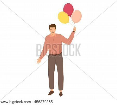 Congratulating Man. Celebrator With Baloons, Joyful Male Character In Festive Day Isolated On White 