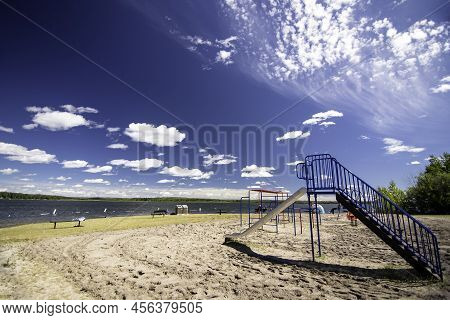 Boyle Alberta Canada, July 20 2020: A Playground Slide At A Public Beach During Summer Vacation At S