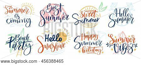Summer Lettering. Resort Tags, Hello Summer Text And Beach Party Typography Vector Set