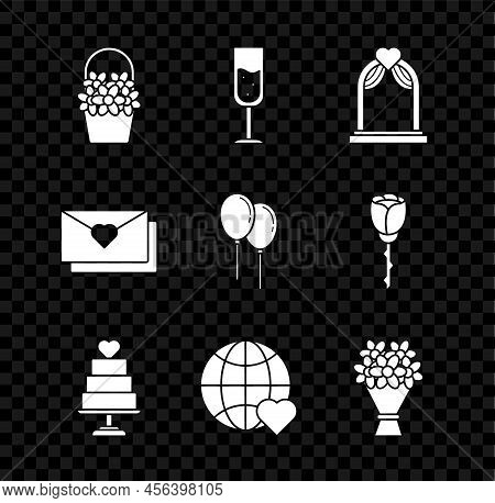 Set Flowers In A Basket, Glass Of Champagne, Wedding Arch, Cake With Heart, The World Love, Bouquet 
