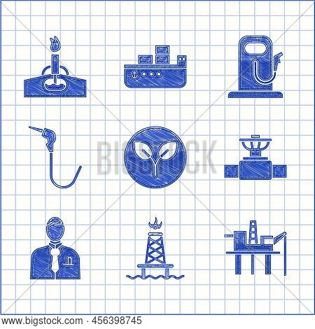 Set Bio Fuel, Oil Rig With Fire, Platform In The Sea, Industry Pipe And Valve, Businessman Stock Mar