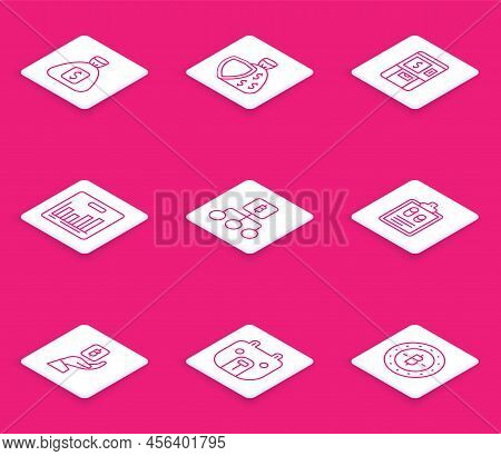 Set Line Money Bag, Shield And Money, Atm, Pie Chart Infographic, Blockchain Technology Bitcoin, Bus