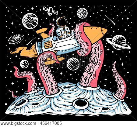Monsters Attack Astronaut Rocket In Space Illustration