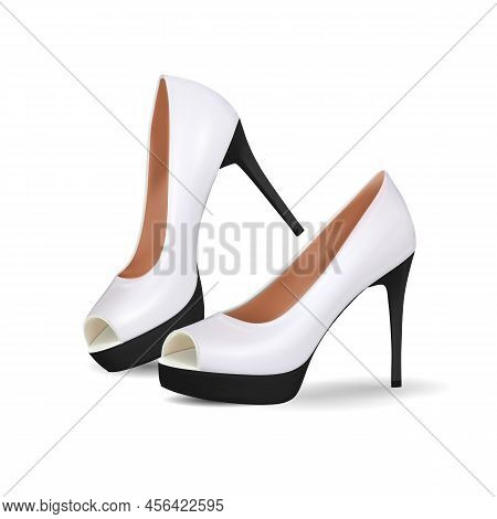 White And Black Suede High Heel Women Shoe Isolated On White Background. Realistic Vector, 3d Illust