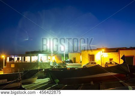 Night View Of The Linosa Old Pier, Pelagie Islands. Sicily