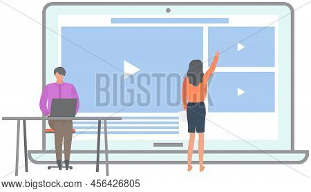 Lady Turns On Player To View Lesson Or Video. People Uusing Website With Movie Or Training Courses. 