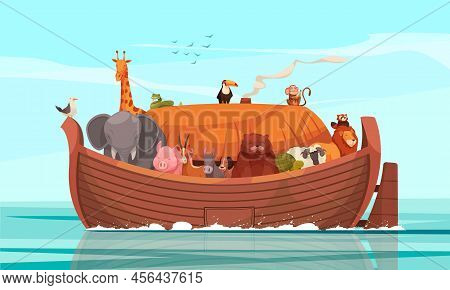 Noahs Ark Full Of Animals Floating On Sea To Mount Ararat Cartoon Vector Illustration