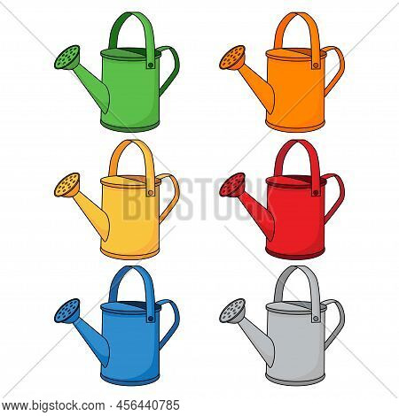 Collection Of Watering Can Icons. Cartoon Colorful Watering Cans Isolated On White Background. Set O