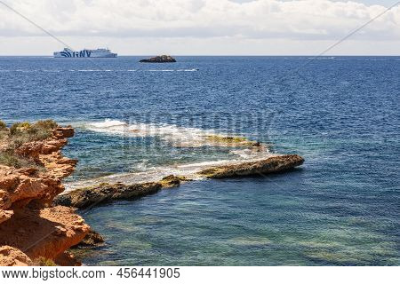 Ibiza - Spain. July 08, 2021: Regular Huge Ferry Gnv From Spain Is Approaching Ibiza Island, Sea Is 