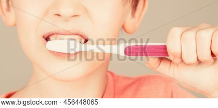 Kid Boy Brushing Teeth. Boy Toothbrush White Toothpaste. Health Care, Dental Hygiene. Joyful Child S