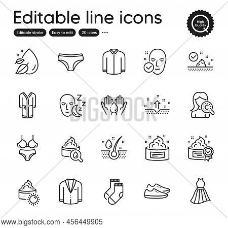 Set Of Beauty Outline Icons. Contains Icons As Dress, Moisturizing Cream And Clean Skin Elements. Su