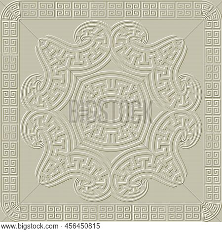 Floral Embossed 3d Greek Seamless Pattern. Vector Textured Light Background. Ancient Emboss Square F