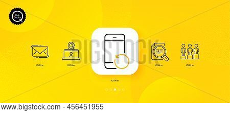 Recovery Phone, Check Article And Equity Minimal Line Icons. Yellow Abstract Background. Messenger M