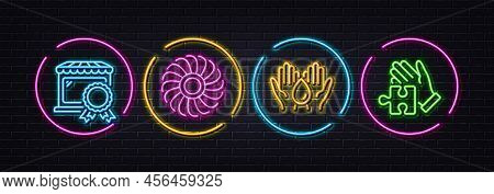 Safe Water, Fan Engine And Best Market Minimal Line Icons. Neon Laser 3d Lights. Puzzle Icons. For W