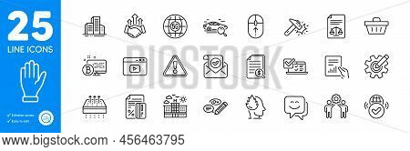 Outline Icons Set. Keywords, Smile Face And Swipe Up Icons. Online Survey, Financial Documents, Warn